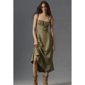 Anthropologie Linen Utility Square-Neck A-Line Midi Dress Women's Medium
